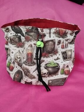 Spellbook Themed Fabric Drawstring Bag in Cream and Pink